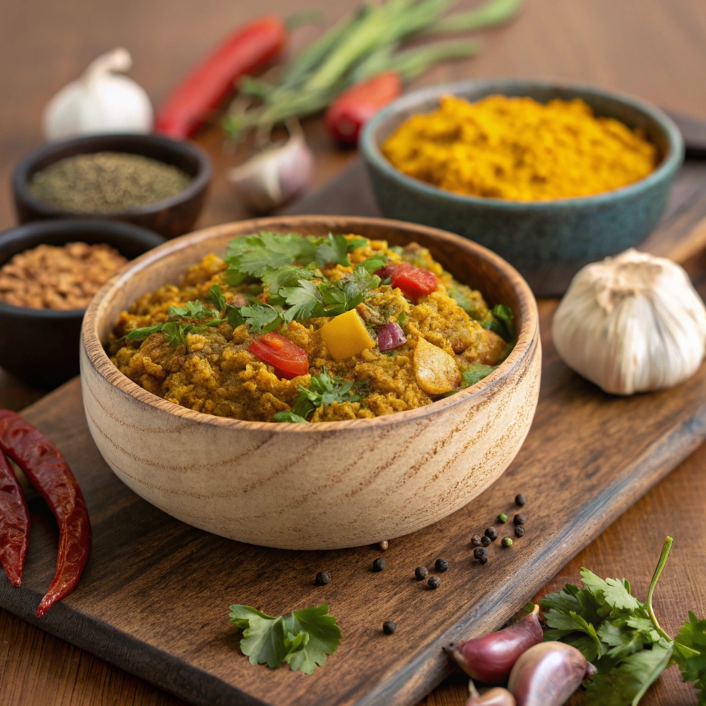 A bowl of Baingan Bharta surrounded by traditional Indian spices