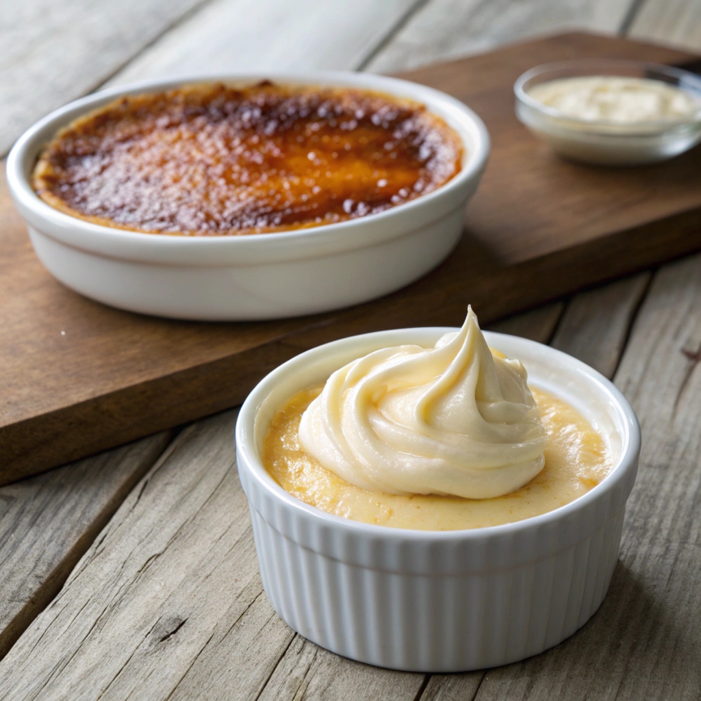 A bowl of heavy cream next to a perfectly caramelized crème brûlée in a white ramekin.