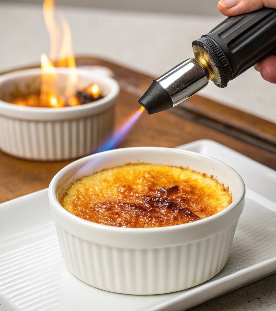 A chef using a kitchen torch to caramelize sugar on top of crème brûlée