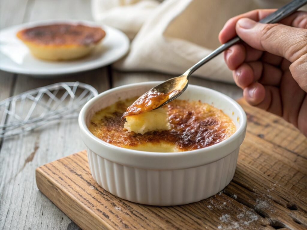 A person cracking the caramelized top of a crème brûlée with a spoon.