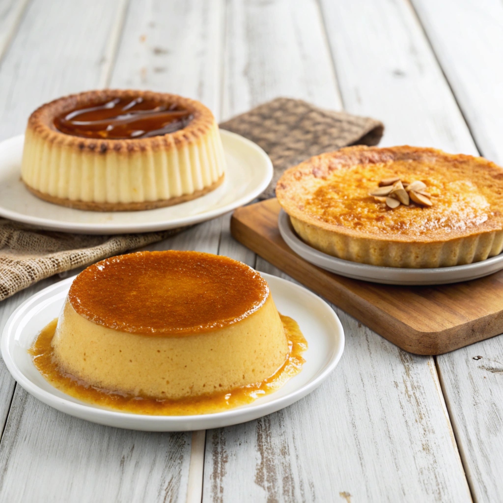 Assortment of custard types flan, crème caramel, and custard tart