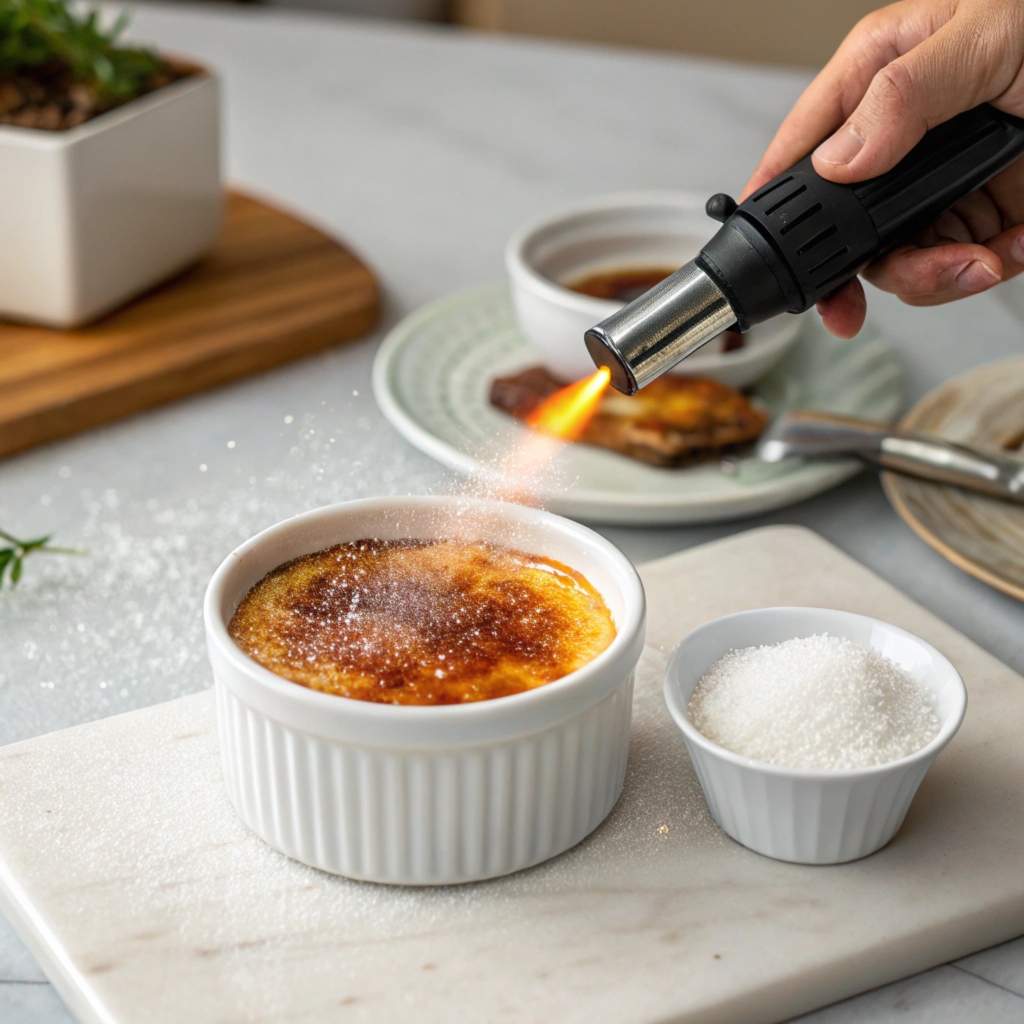 Caramelizing Sugar on Crème Brûlée with a Torch. What is crème brûlée made of?