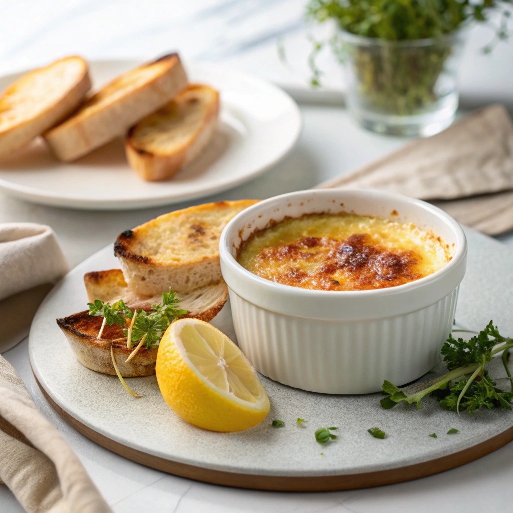 Gourmet Crab Brulee Served on a Plate with Crostini and Herbs