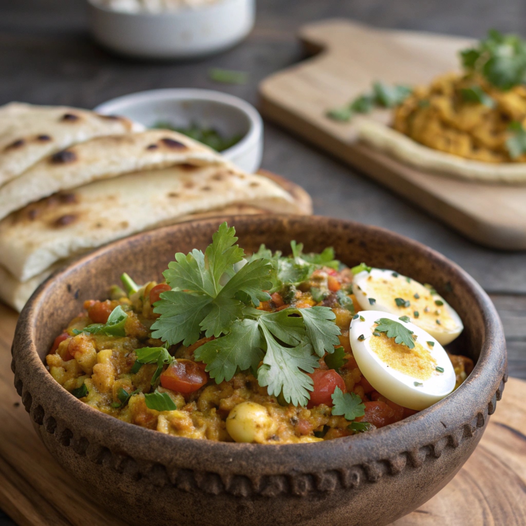 Egg Bharta Dish with Cilantro Garnish and Naan Bread