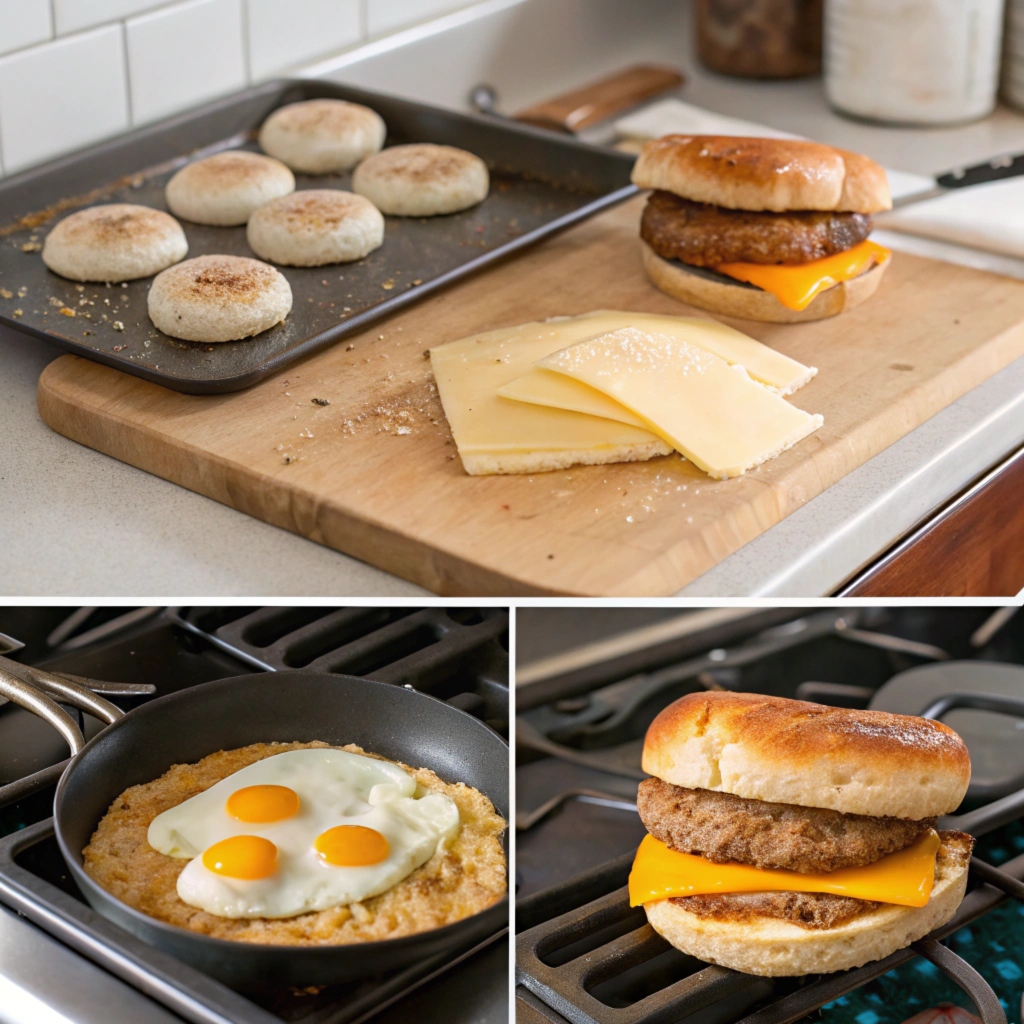 Step-by-step cooking process for Jimmy Dean breakfast sandwich