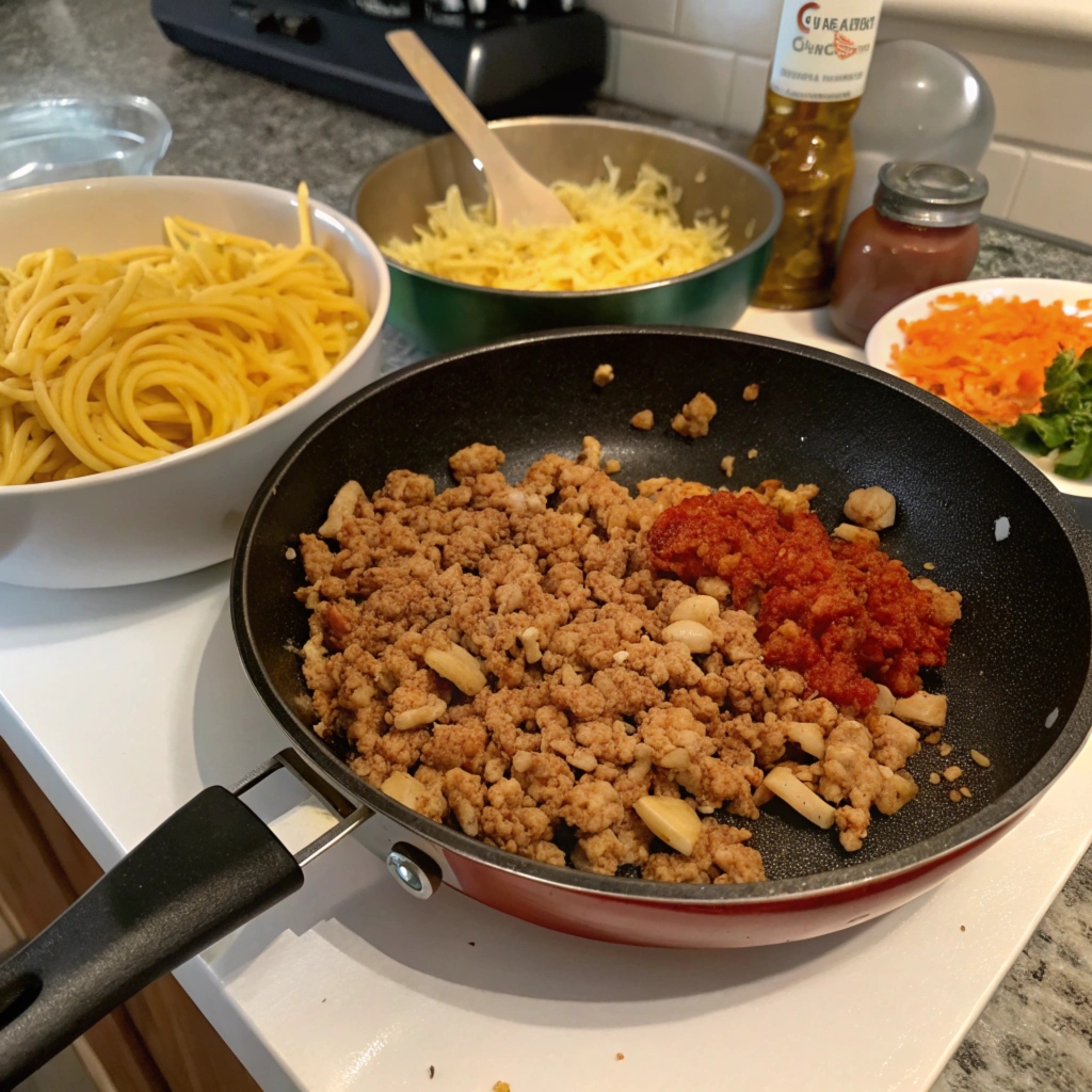 Ground chicken cooking in a skillet with pasta and ingredients nearby