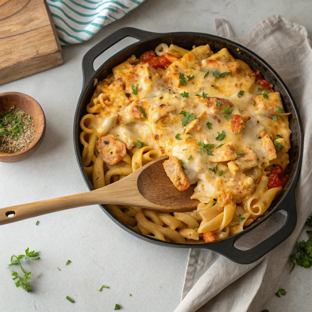 Cheesy chicken pasta being scooped from a skillet
