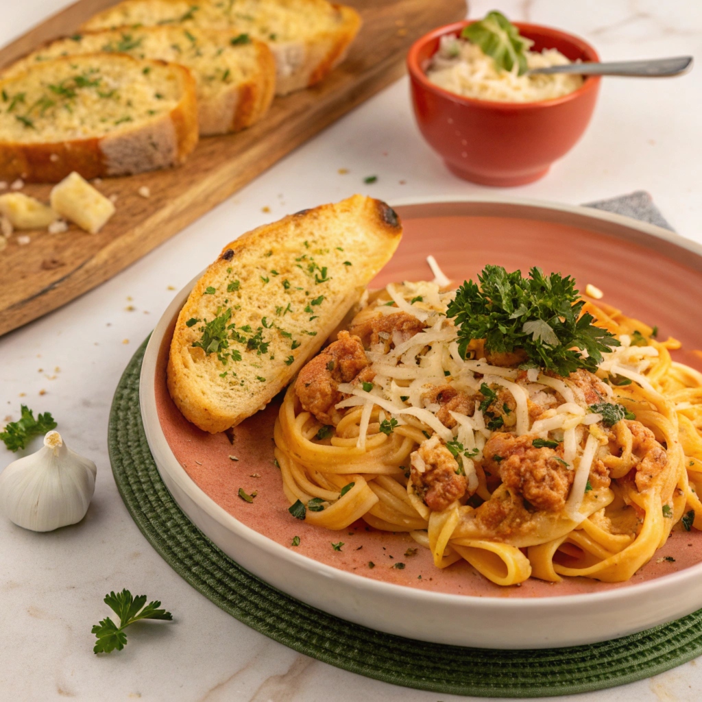 Cheesy ground chicken pasta served with garlic bread.