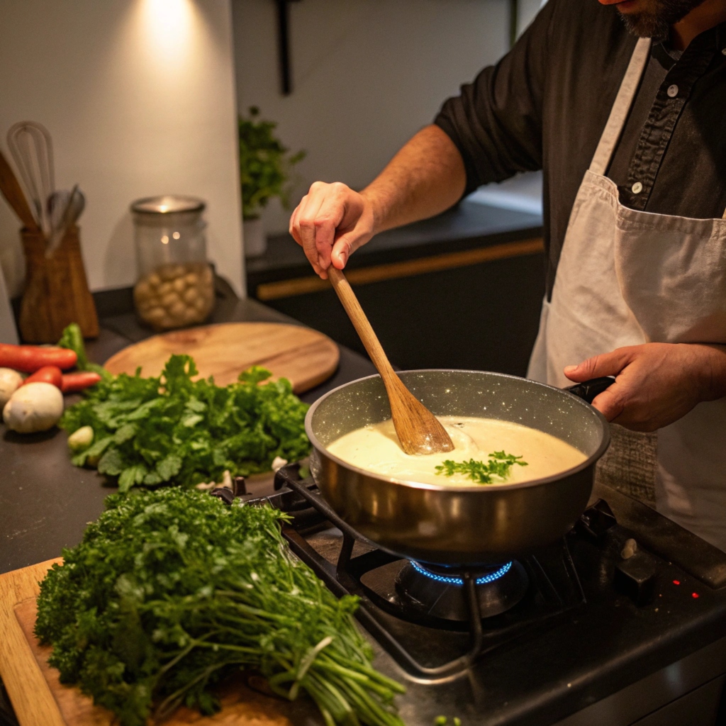 Chef stirring creamy sauce in a pot on the stove.