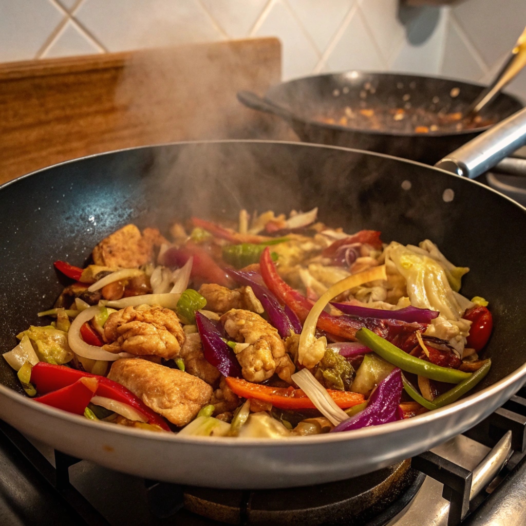 Cooking Hmong Cabbage and Chicken in a Wok