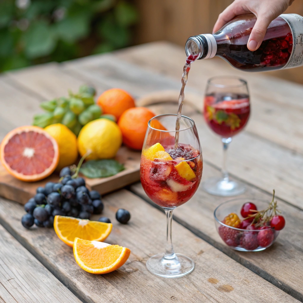 Pouring Mangria into a wine glass with fresh fruits around.