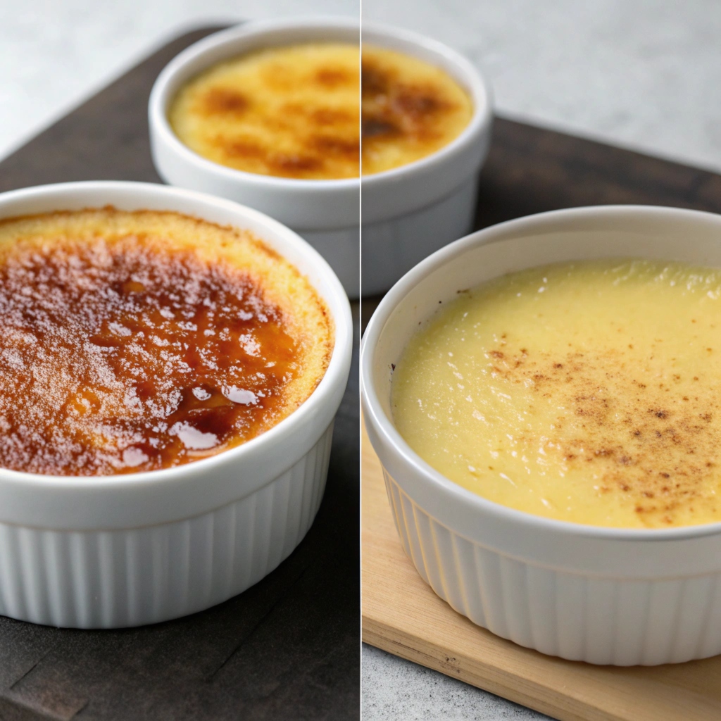 A comparison of crème brûlée and custard in white ramekins, with the crème brûlée showcasing a caramelized sugar topping and the custard featuring a smooth, creamy surface sprinkled with nutmeg.