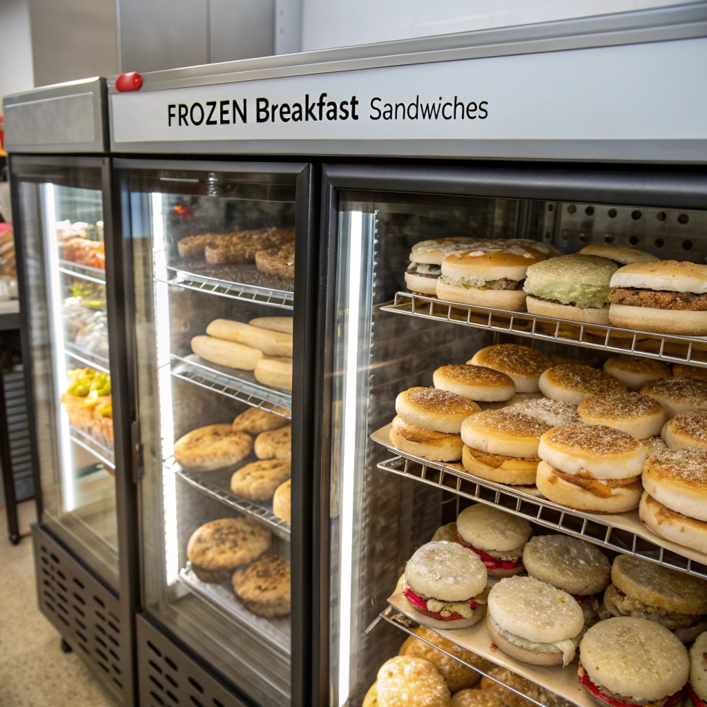 Frozen breakfast sandwiches in a freezer