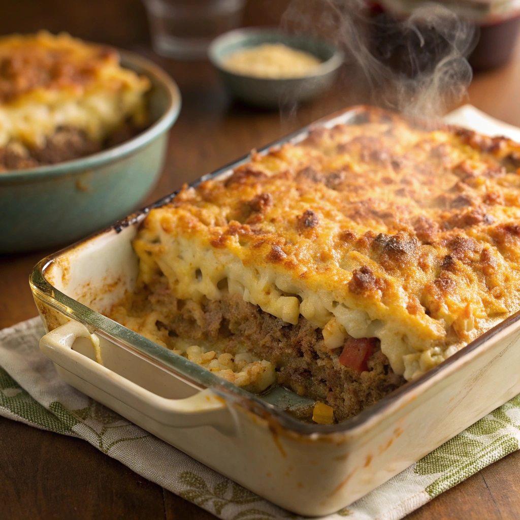 Golden baked mac and cheese meatloaf casserole fresh from the oven.