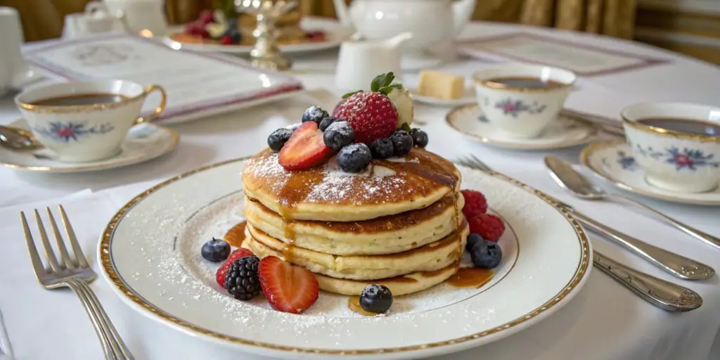 Golden pancakes topped with fresh berries and syrup on royal china
