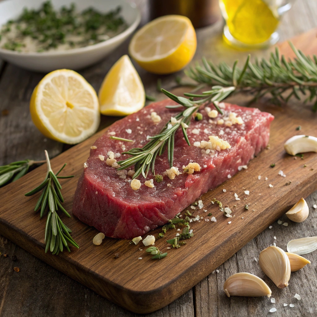 Seasoning a lean beef steak with garlic, rosemary, and lemon zest for a kidney-friendly meal.