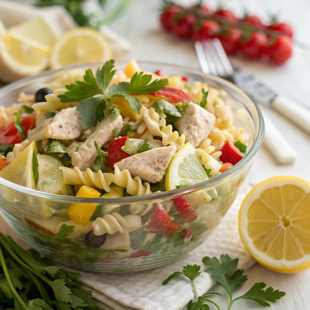 Cold chicken pasta dish garnished with fresh basil and olive oil.