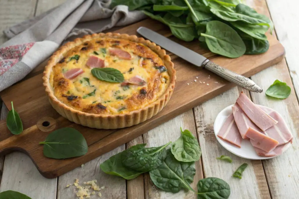 Spinach and ham quiche on a rustic table with fresh ingredients.