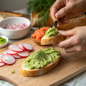 Spreading mashed avocado on baguette with French toppings in view.