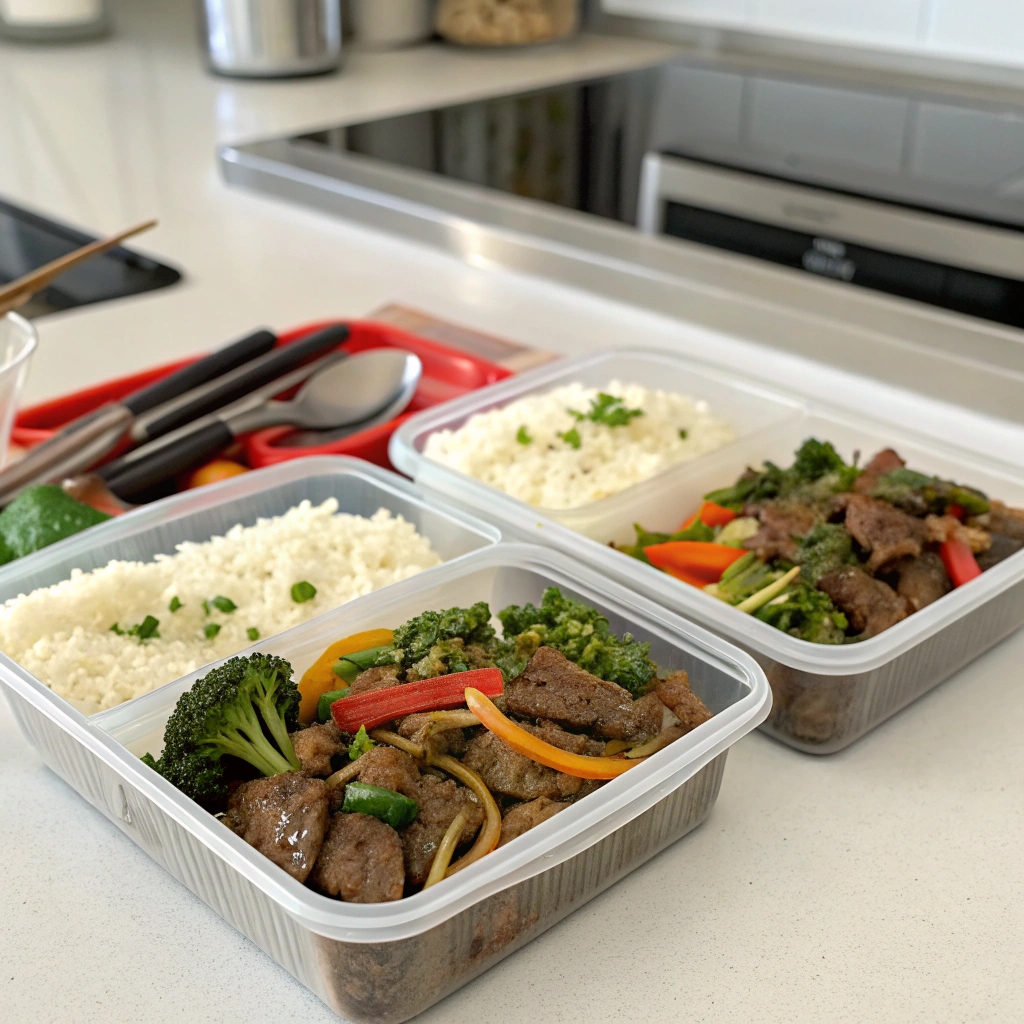 Batch cooking kidney-friendly meals with lean beef stir-fry, vegetables, and white rice