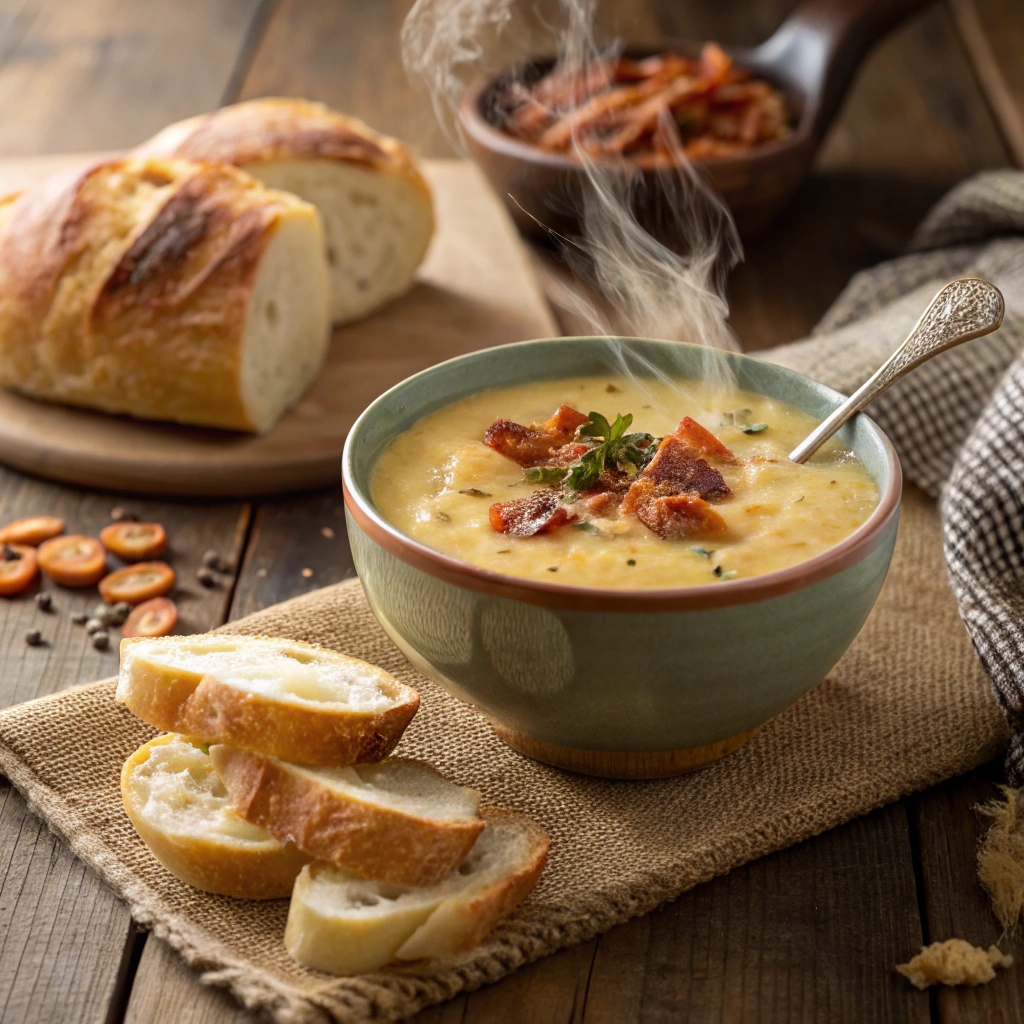 Creamy potato soup with bread and bacon on a rustic table.