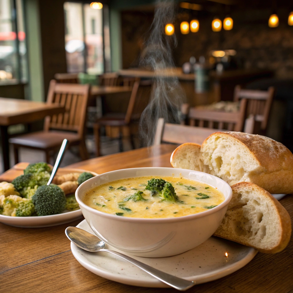 Broccoli Cheddar Soup with Fresh Bread in a Cozy Café.