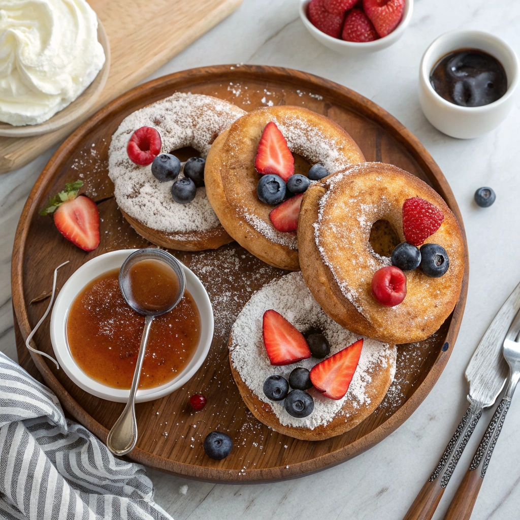 A variety of French Toast Bagels with toppings like syrup, berries, and cream.