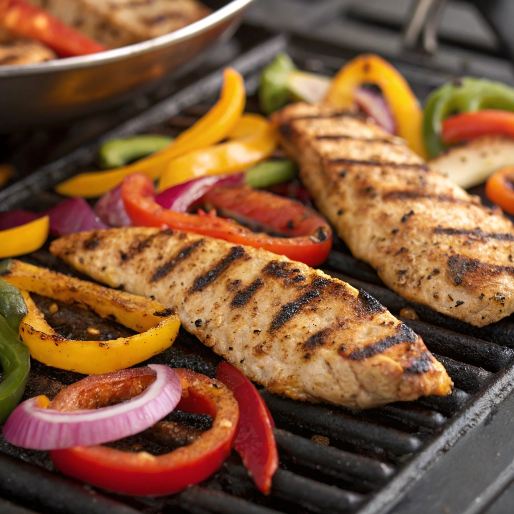 Applegate fajita grilled chicken strips with smoky char marks and bell peppers on a grill
