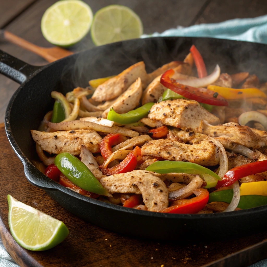 Sautéed Applegate fajita chicken strips with onions and peppers in a cast-iron skillet.
