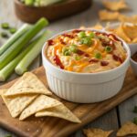 A bowl of Cottage Cheese Buffalo Chicken Dip topped with melted cheddar cheese, buffalo sauce, and green onions, served with chips and veggies.