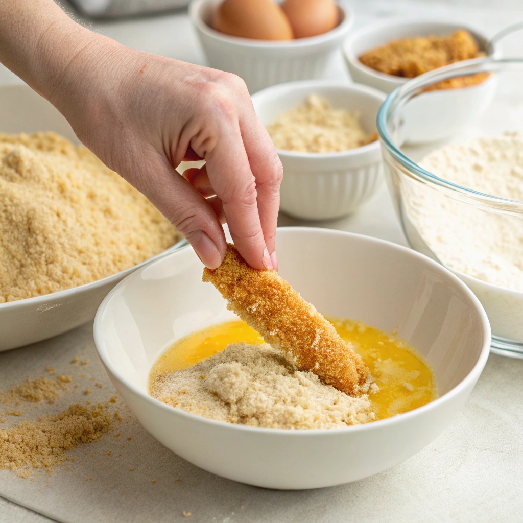 Coating chicken strips with egg wash and crispy panko breadcrumbs for air frying