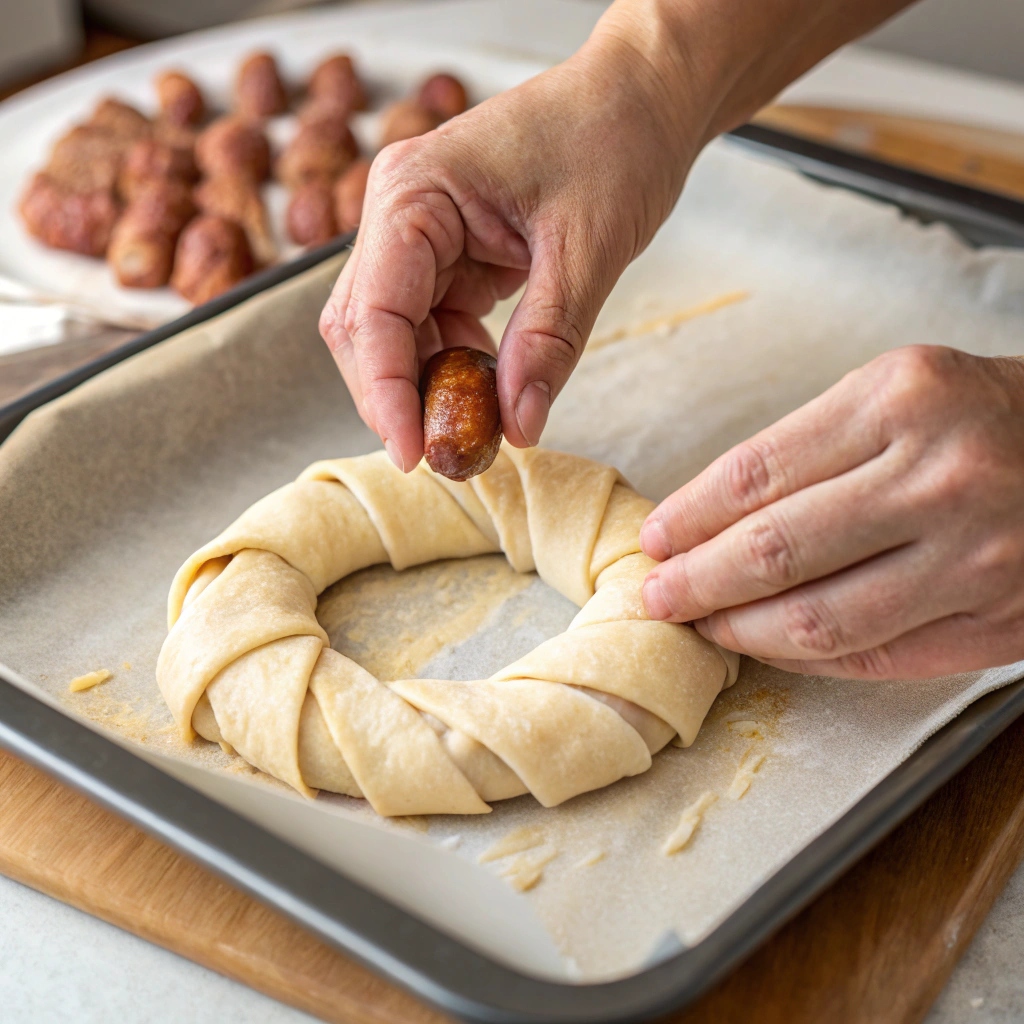 Hands wrapping a mini sausage in crescent roll dough, preparing it for baking into a wreath shape on parchment paper.