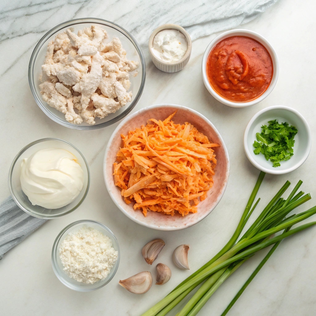 Ingredients for making Cottage Cheese Buffalo Chicken Dip, including chicken, cottage cheese, buffalo sauce, and cheddar cheese, arranged on a kitchen counter.