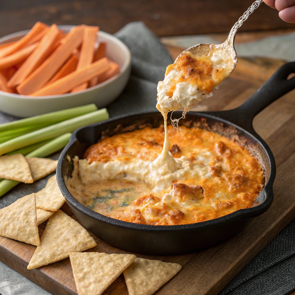 A skillet of Cottage Cheese Buffalo Chicken Dip served with tortilla chips, celery, and carrots, showing its creamy texture and cheesy topping.