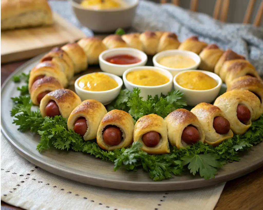 A fully baked pigs in a blanket wreath on a serving platter, surrounded by dipping sauces like mustard, cheese sauce, and honey mustard.