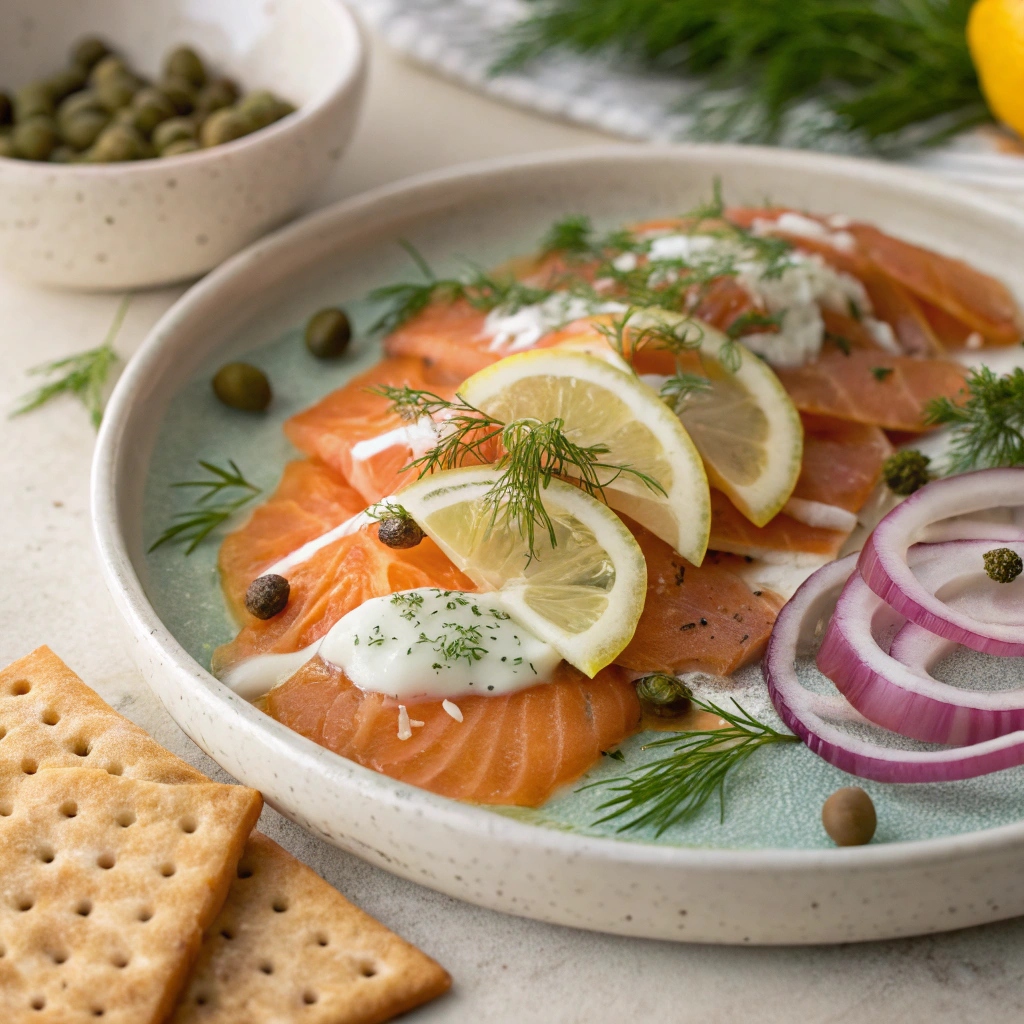Smoked salmon drizzled with dill lemon garlic sauce, garnished with fresh dill and lemon slices, served with crackers and capers. Dill Lemon Garlic Sauce for Smoked Salmon