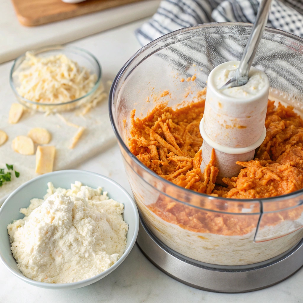 The process of making Cottage Cheese Buffalo Chicken Dip, including blending cottage cheese, mixing ingredients, and baking in an oven.