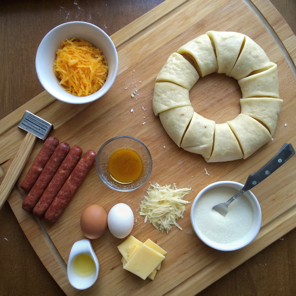 Ingredients for pigs in a blanket wreath, including crescent roll dough, mini sausages, egg wash, and seasonings, arranged on a wooden board.