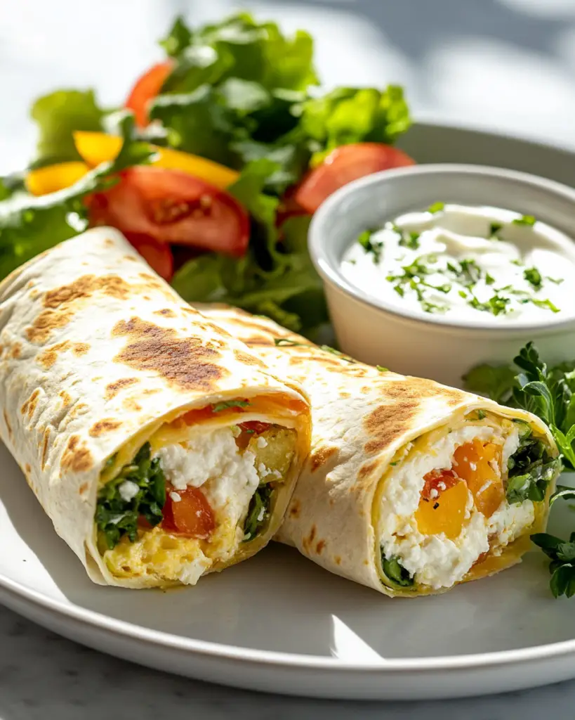 A perfectly plated cottage cheese wrap served with a side salad and dip.